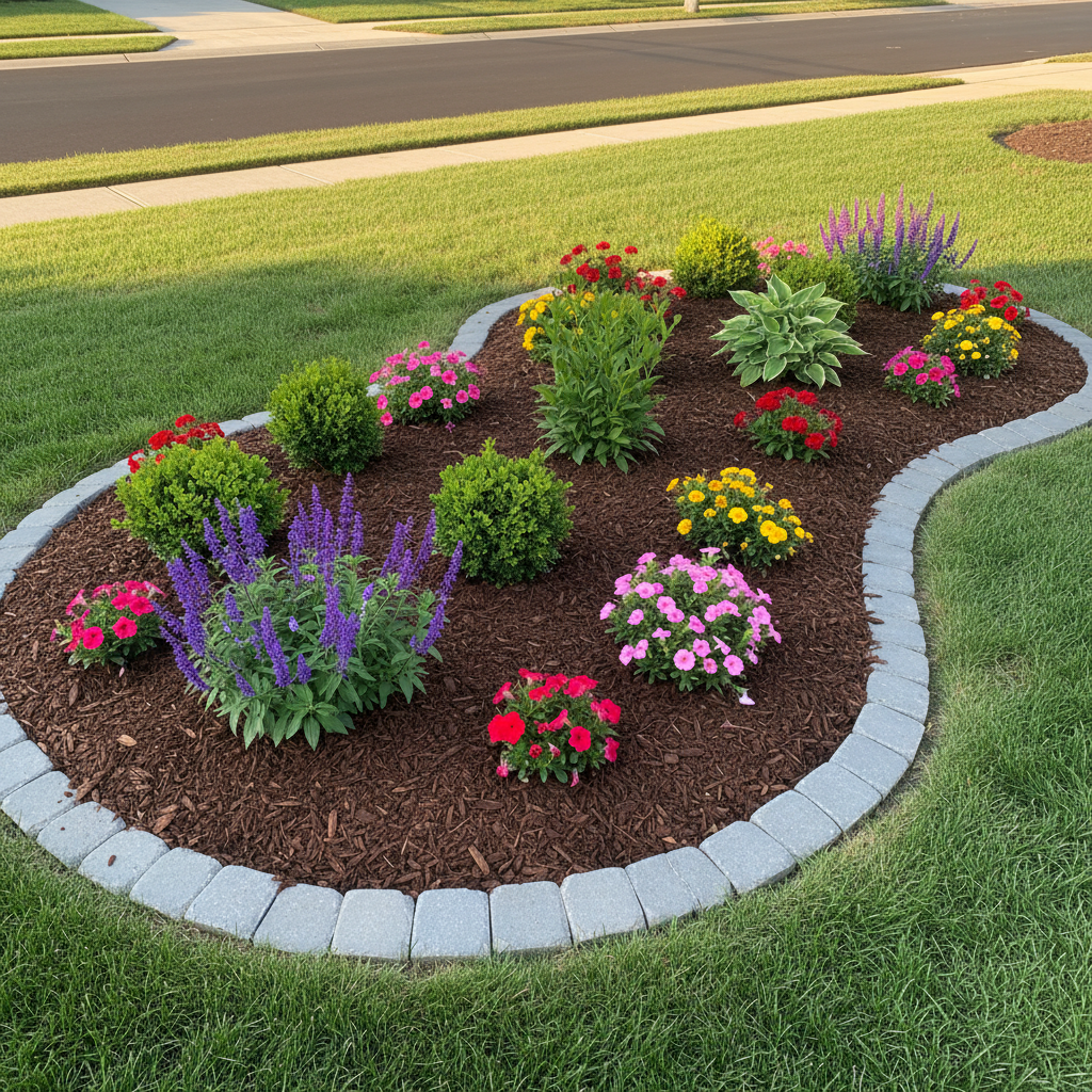 Beautifully finished garden bed with fresh dark mulch and colorful plants