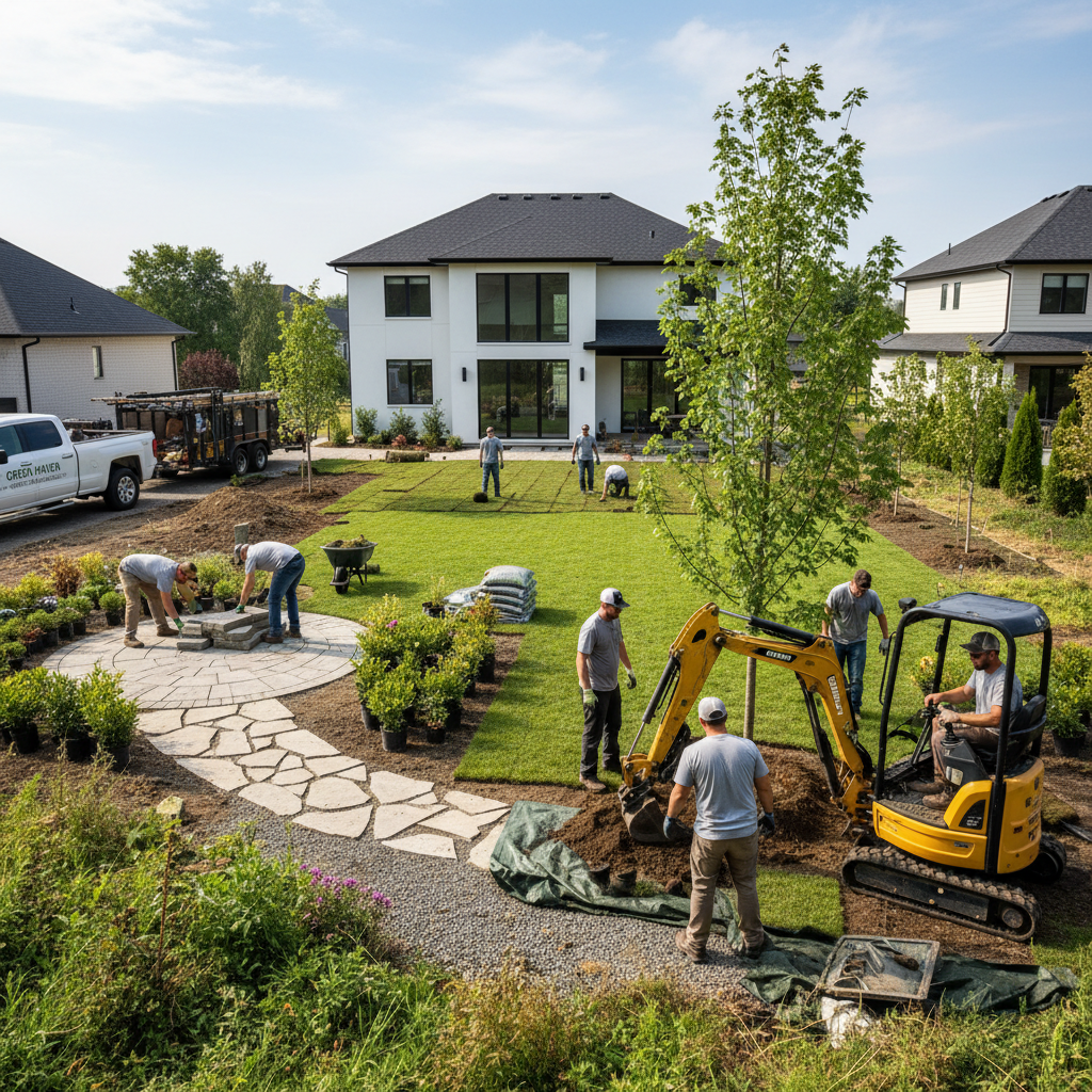 Professional landscaping crew transforming entire backyard with planting and hardscape
