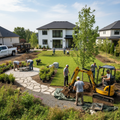 Professional landscaping crew transforming entire backyard with planting and hardscape