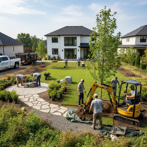 Professional landscaping crew transforming entire backyard with planting and hardscape