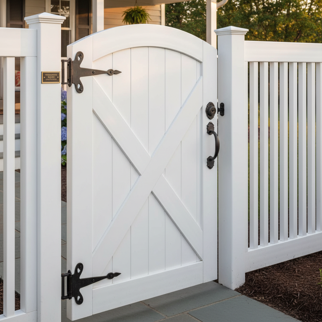 Elegant finished gate with decorative hardware in fence line