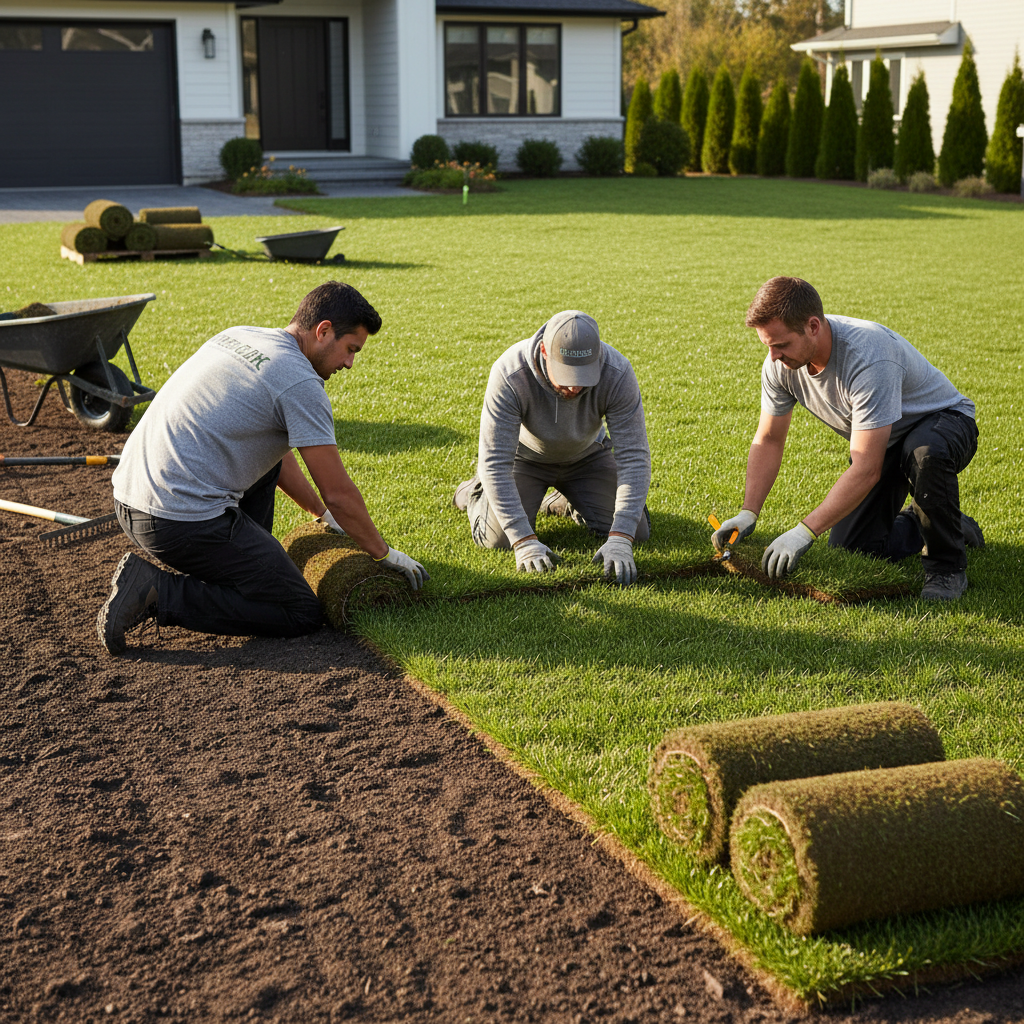 Landscaping crew laying fresh green sod rolls on prepared soil
