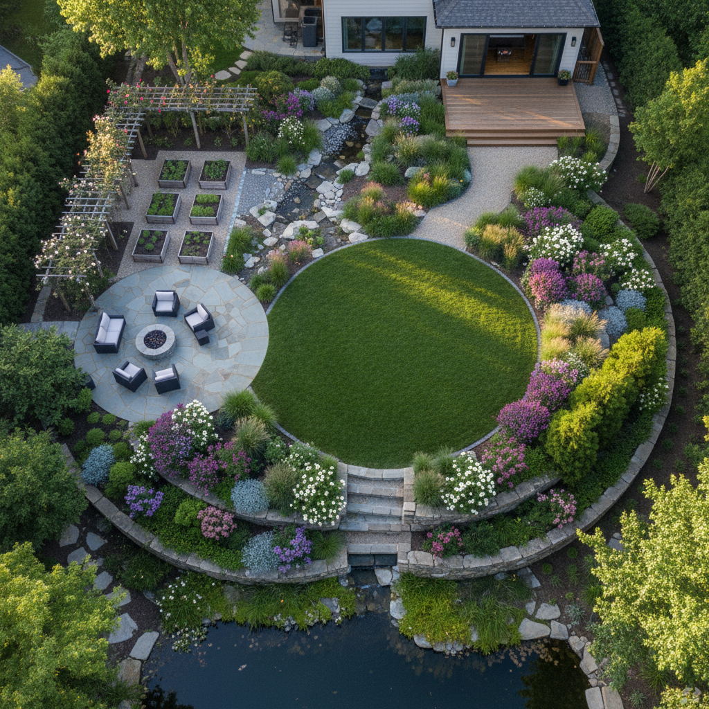 Aerial view of beautifully designed backyard layout