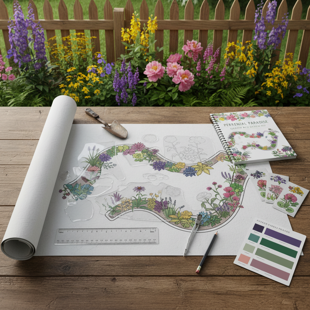 Garden bed layout with mixed perennials and design template overlay