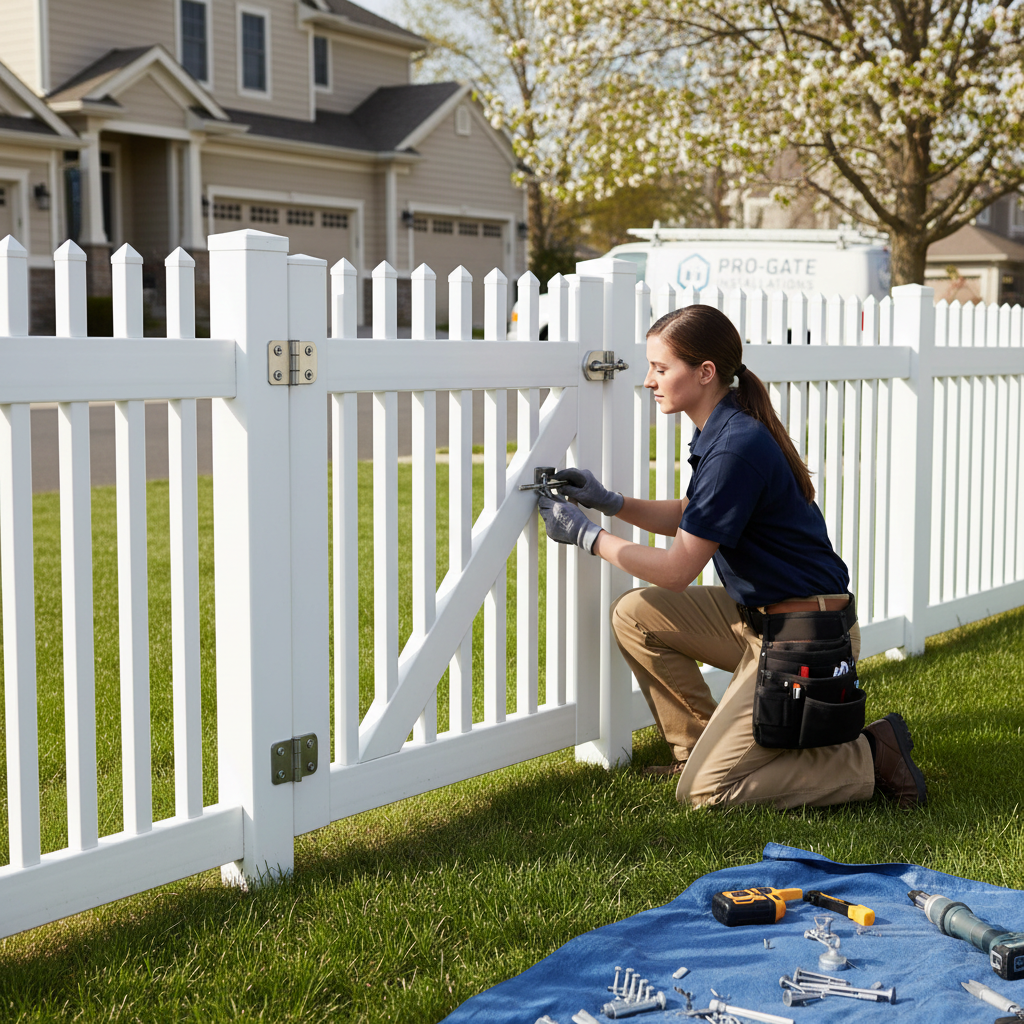 Professional installer fitting residential fence gate with hinges and latch
