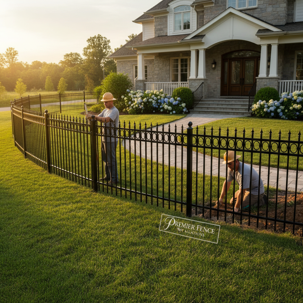 Professional installer fitting decorative ornamental aluminum fence