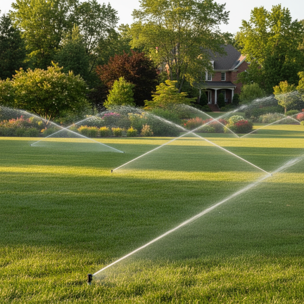 Lawn sprinkler heads watering green grass with irrigation system running