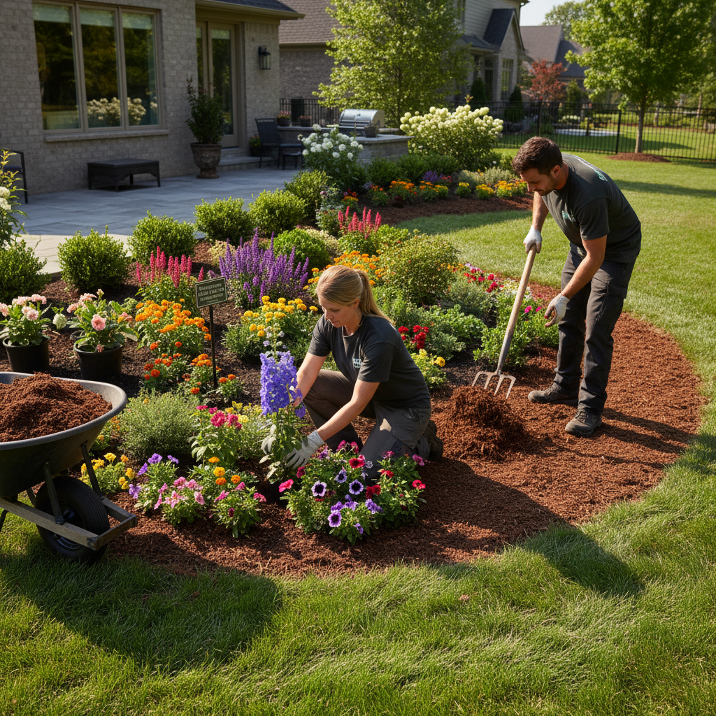 Professional landscaper planting flowers and shrubs in prepared garden bed with mulch