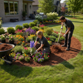 Professional landscaper planting flowers and shrubs in prepared garden bed with mulch