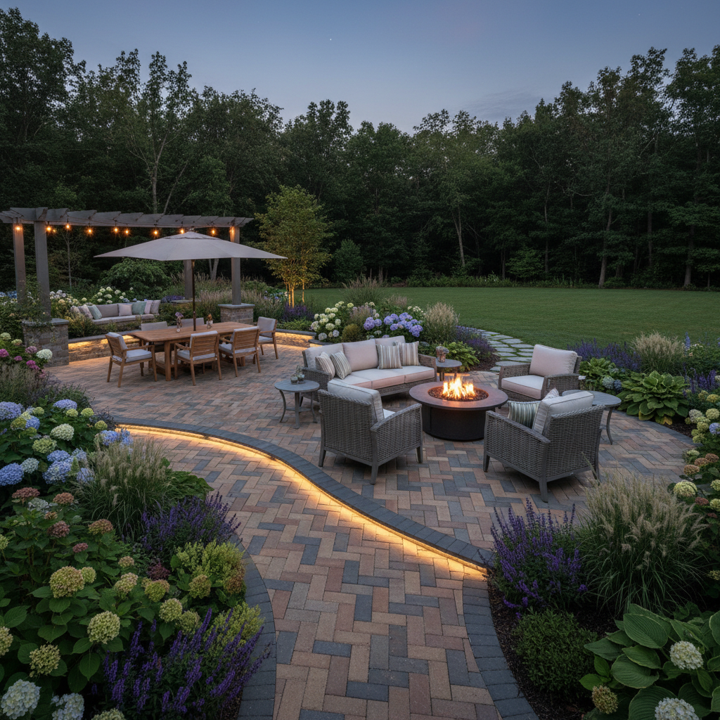 Stunning finished paver patio with outdoor furniture and garden surroundings