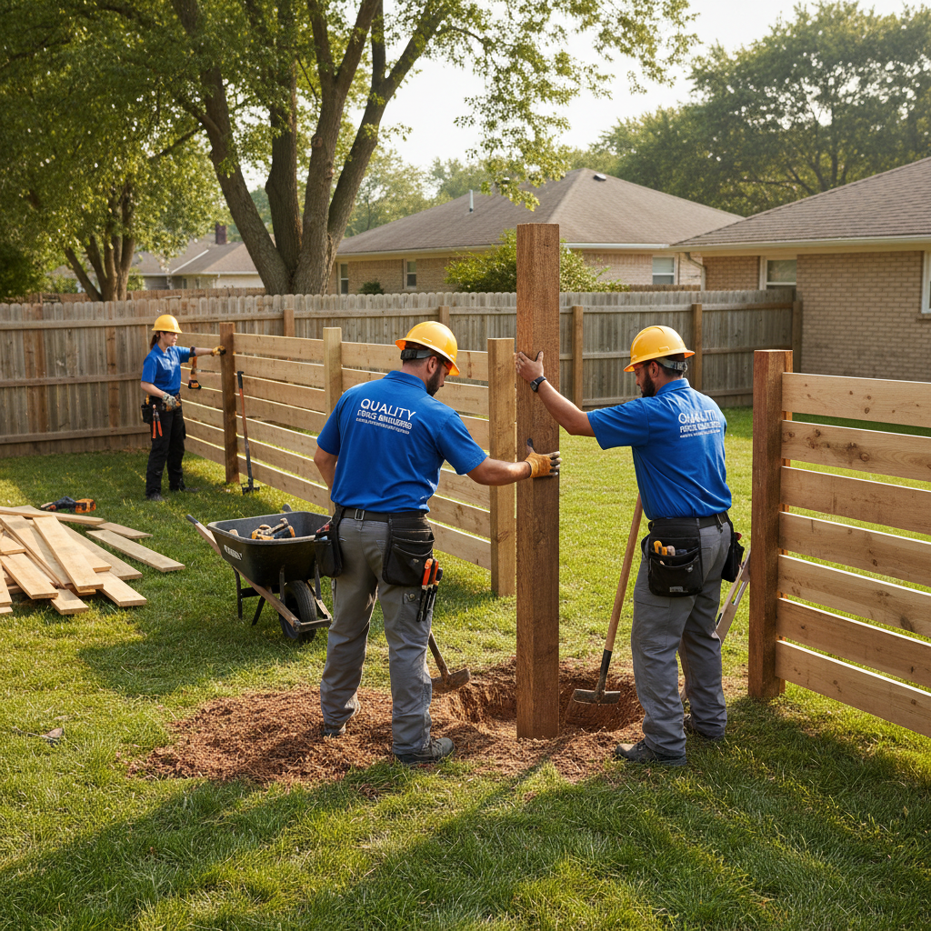 Professional fence installation crew setting posts and mounting sections