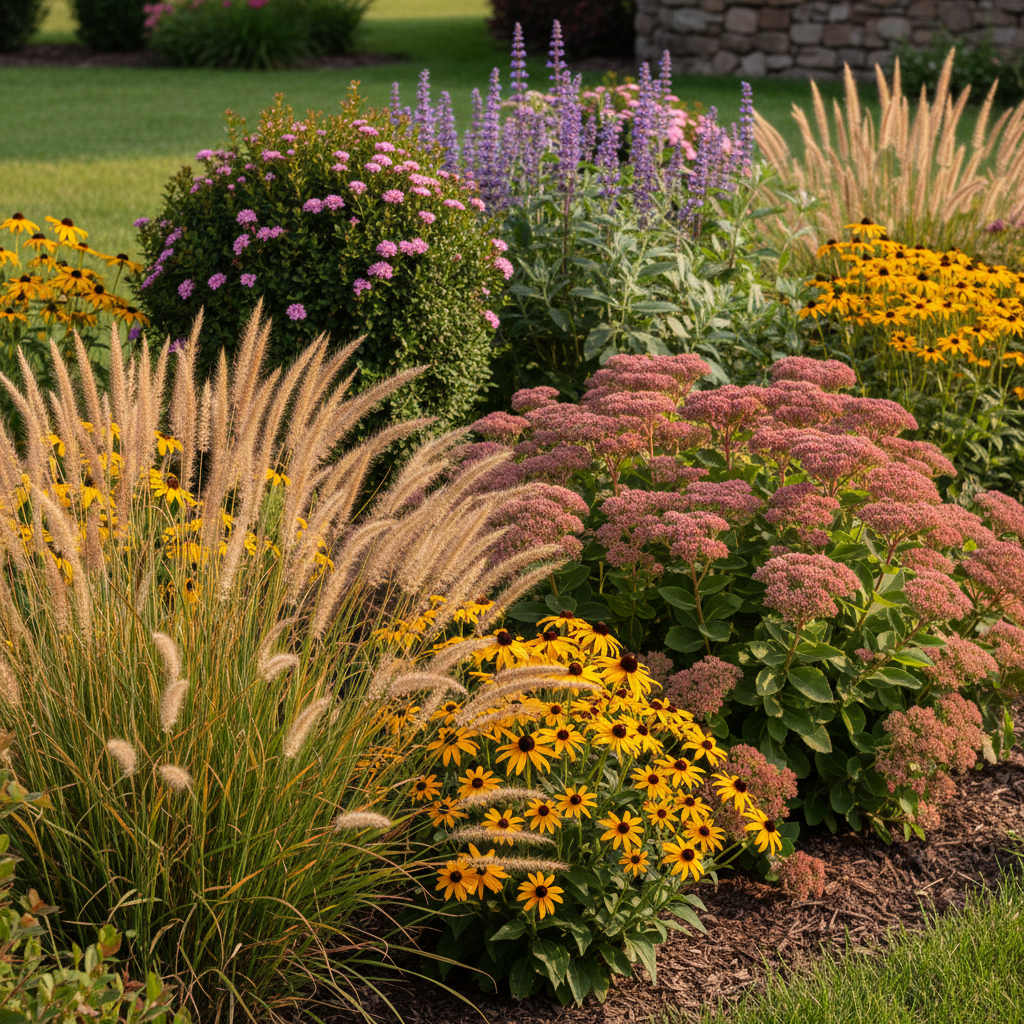 Close-up of low-care shrubs and perennials along garden border