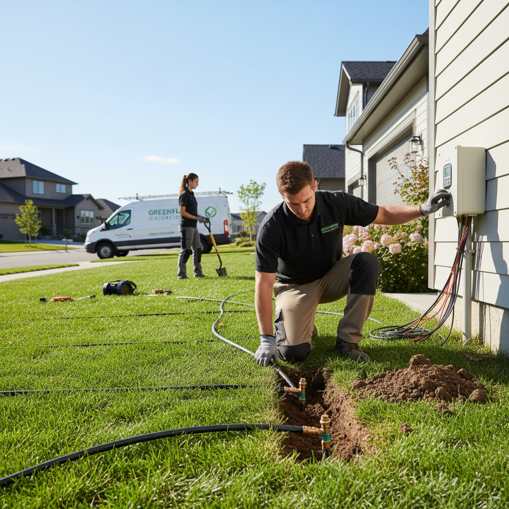 Professional installer laying in-ground sprinkler system pipes and heads