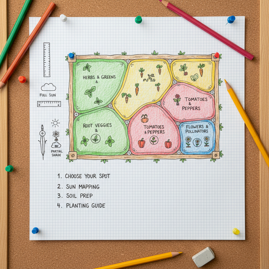 Hand-drawn garden bed layout template on graph paper with plant markers
