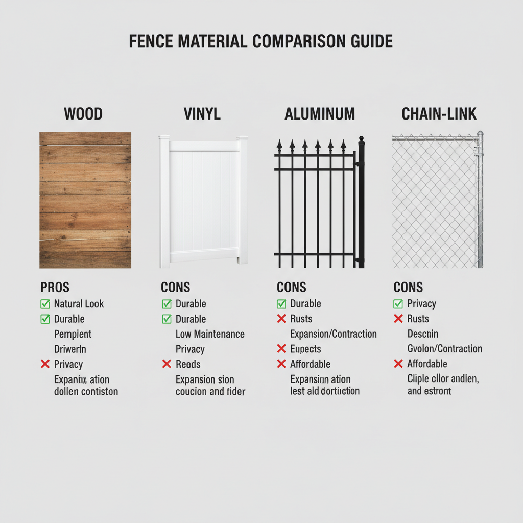 Fence material comparison of wood, vinyl, aluminum, and chain-link