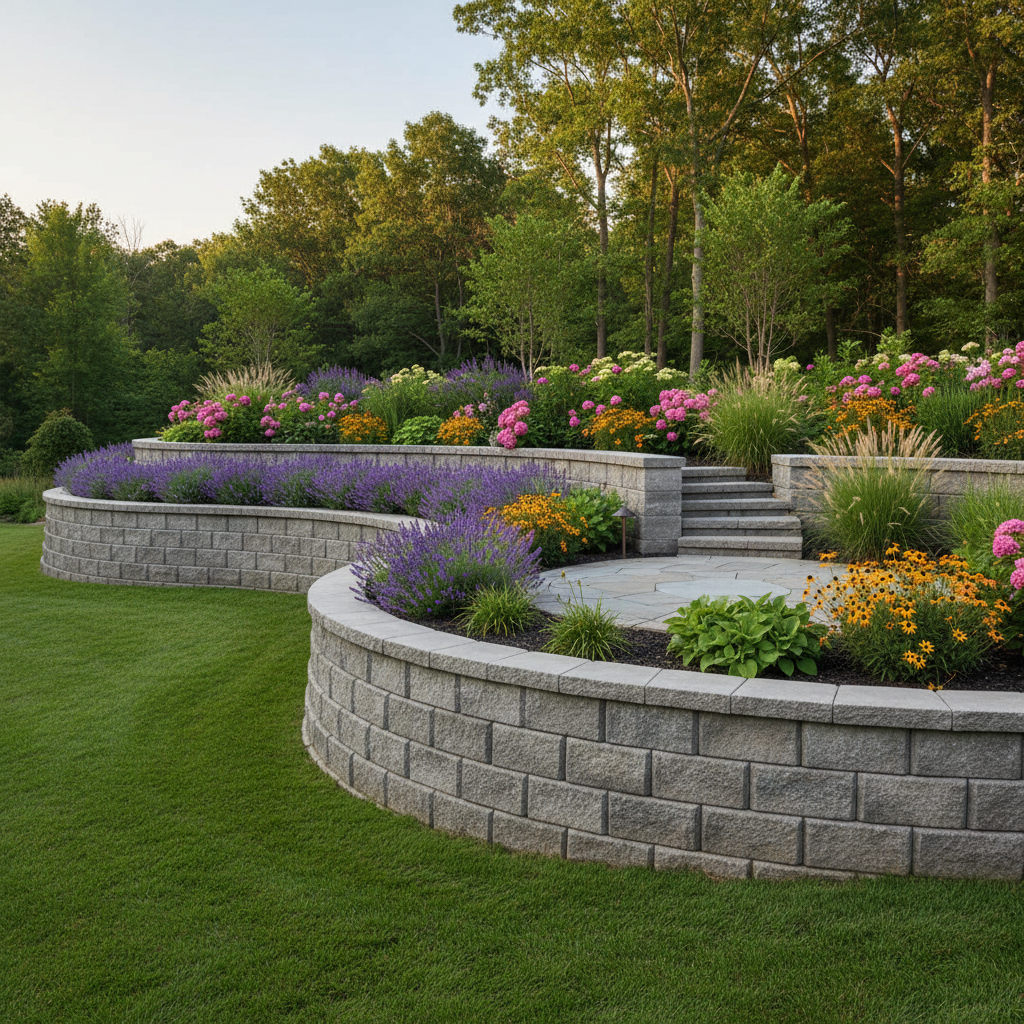 Beautiful finished retaining wall with terraced garden beds and lush plantings