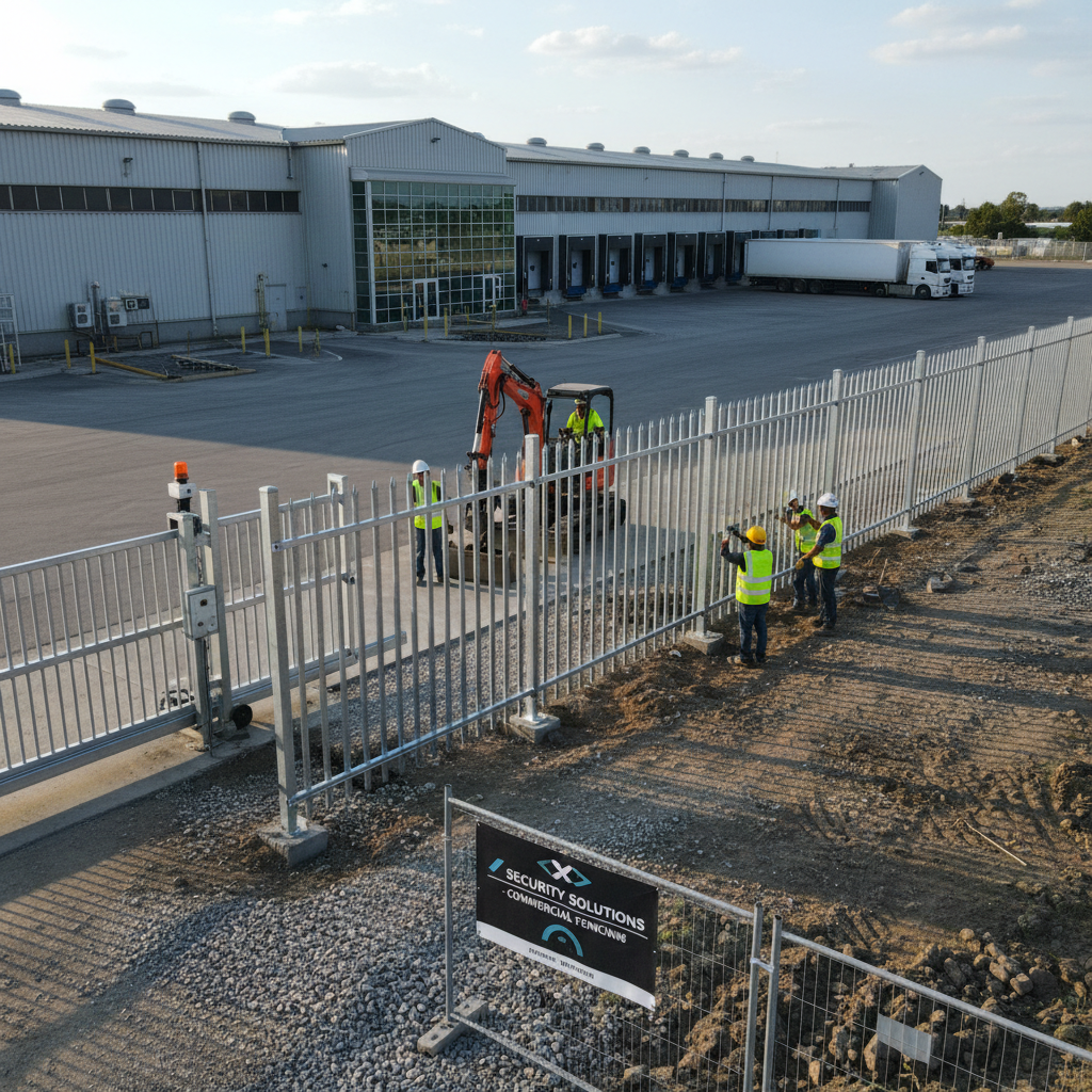 Professional crew installing commercial perimeter fencing around business property