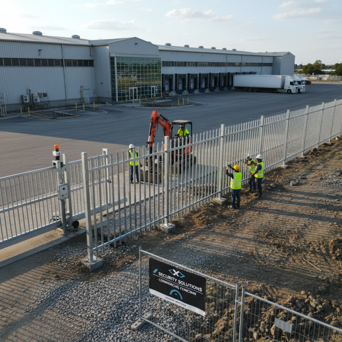 Professional crew installing commercial perimeter fencing around business property