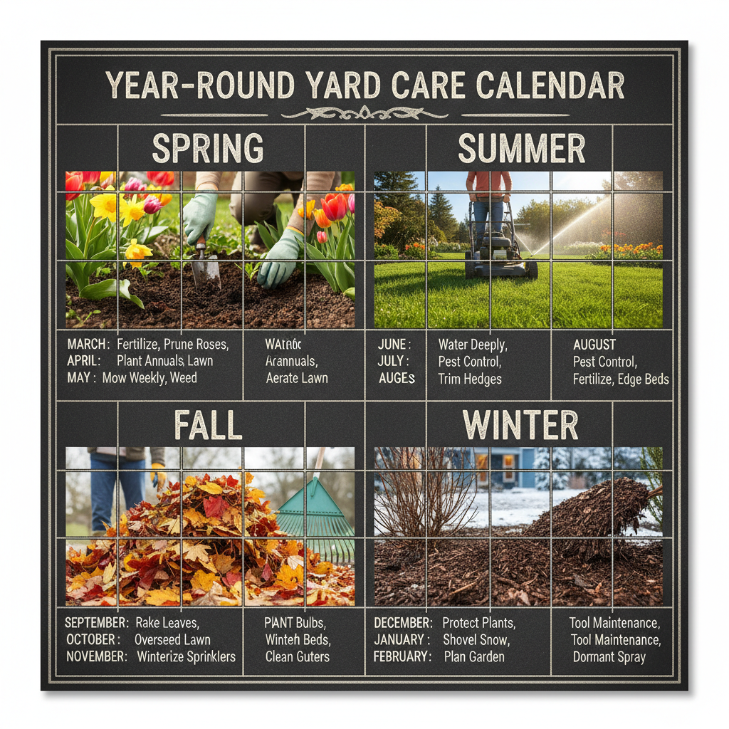 Four seasons yard care collage with calendar overlay