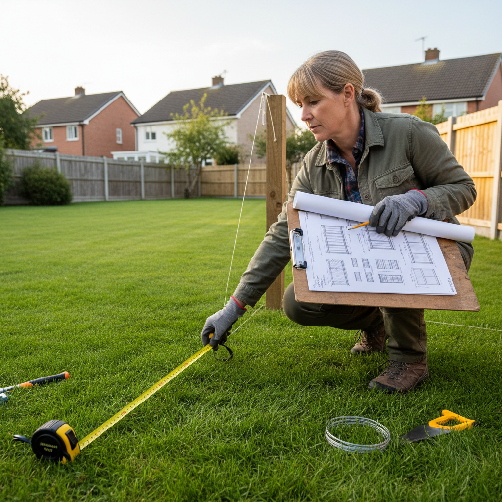 Homeowner measuring yard along property line with clipboard