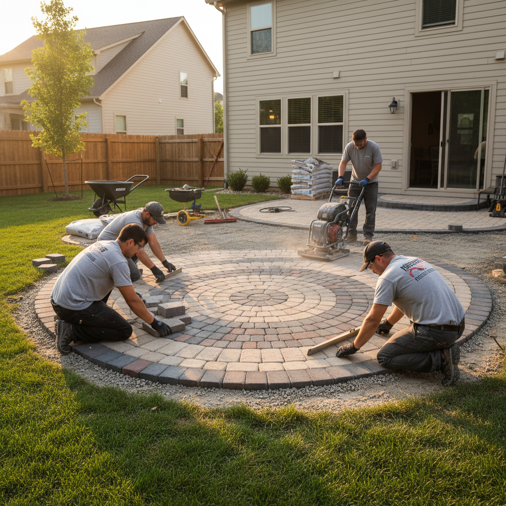 Professional crew laying interlocking paver stones for patio construction