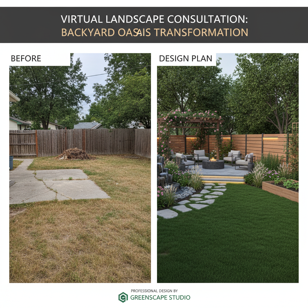 Split screen showing backyard transformation plan from virtual consultation