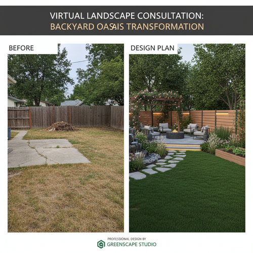Split screen showing backyard transformation plan from virtual consultation